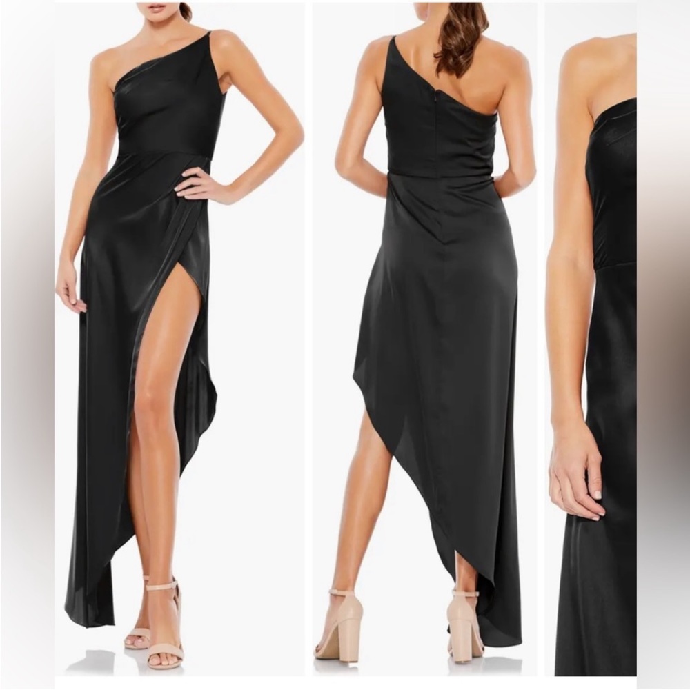 NWT Ieena for Mac Duggal Asymmetrical One-Shoulder Satin Gown, Black, Size 6